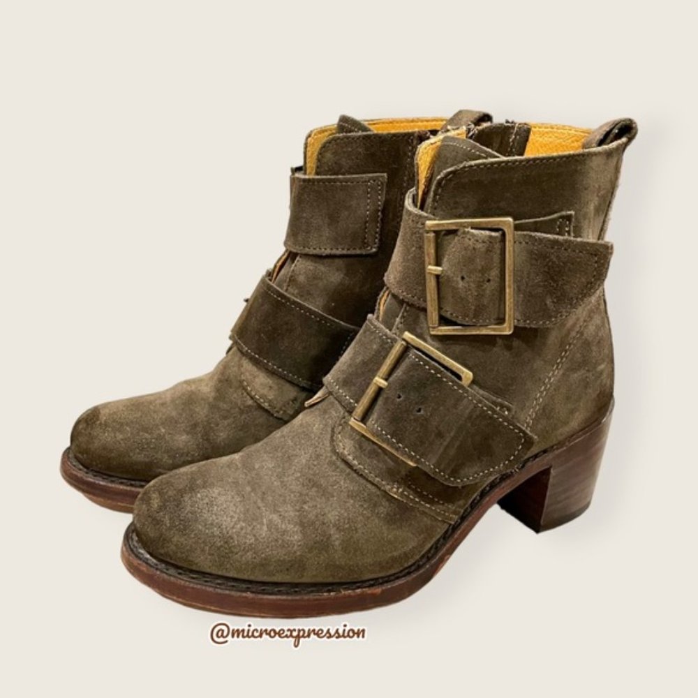$399 Frye Sabrina Double Buckle Academia Green Suede Leather Moto Ankle Booties - Picture 15 of 15